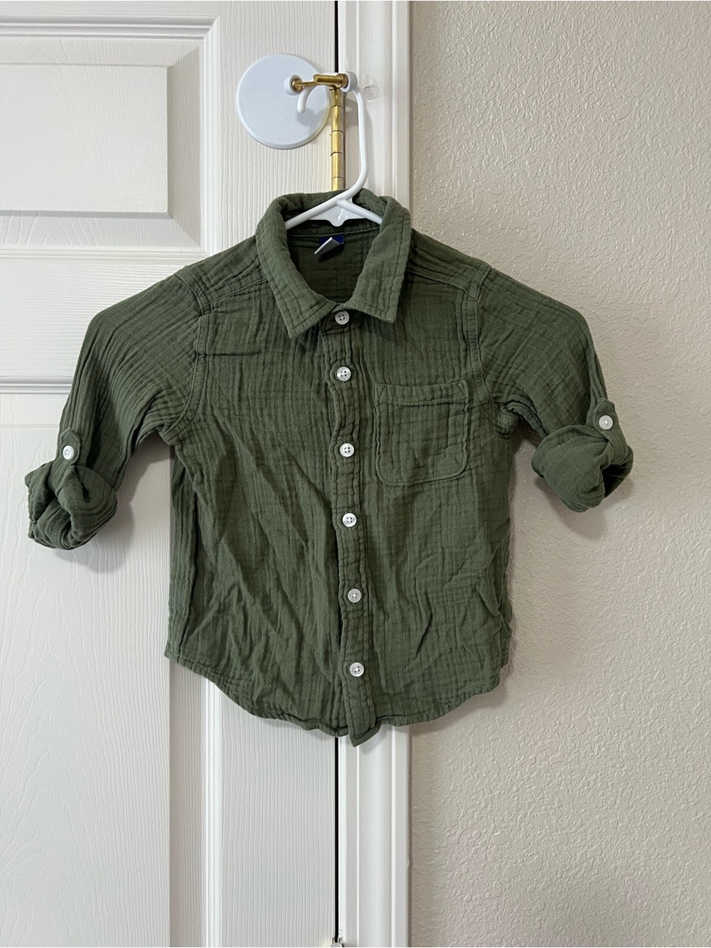 Old Navy Toddler 4T Olive Green Cotton Gauze Button Down Roll Tab Shirt
